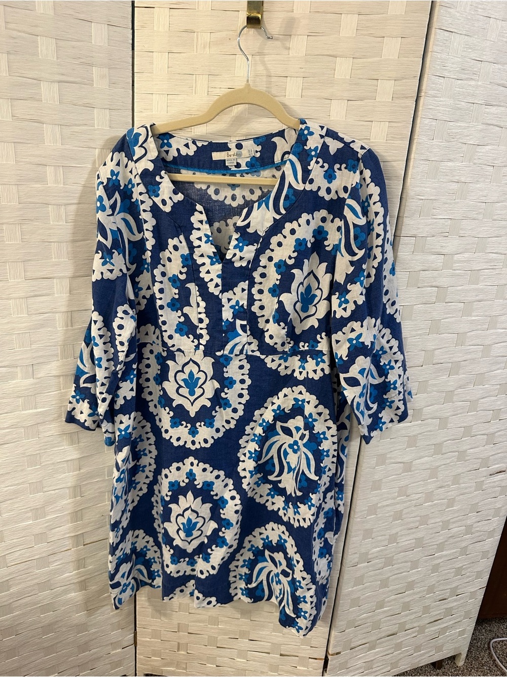 Boden Laurie 100% Linen Medallion Tunic Dress Blue White 16R XL coastal resort
